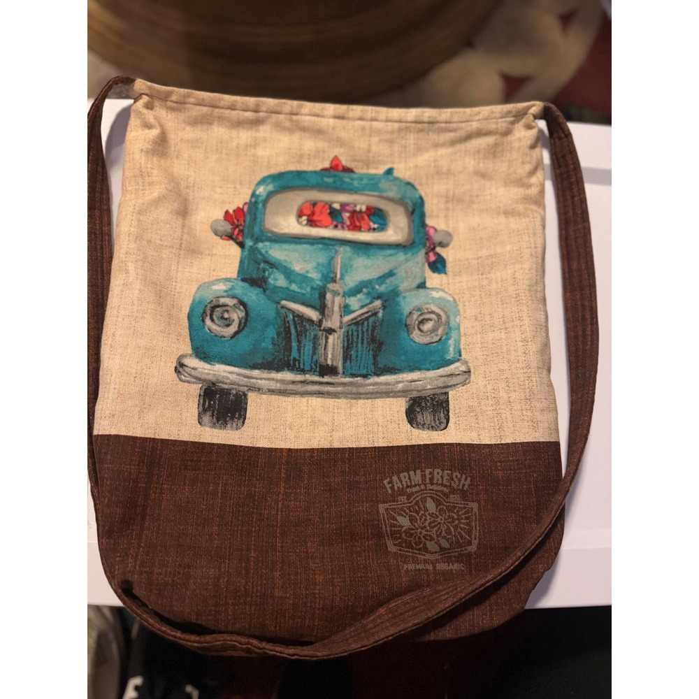 Farm‎ Fresh Vintage Teal Truck Crossbody Bag Linen Floral Lined Rustic Brown Tan
